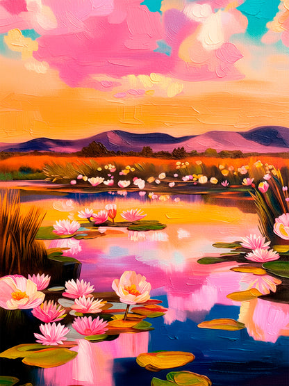 pink water lily landscape art print with lotus flowers and sunset reflections, colorful floral pond wall art