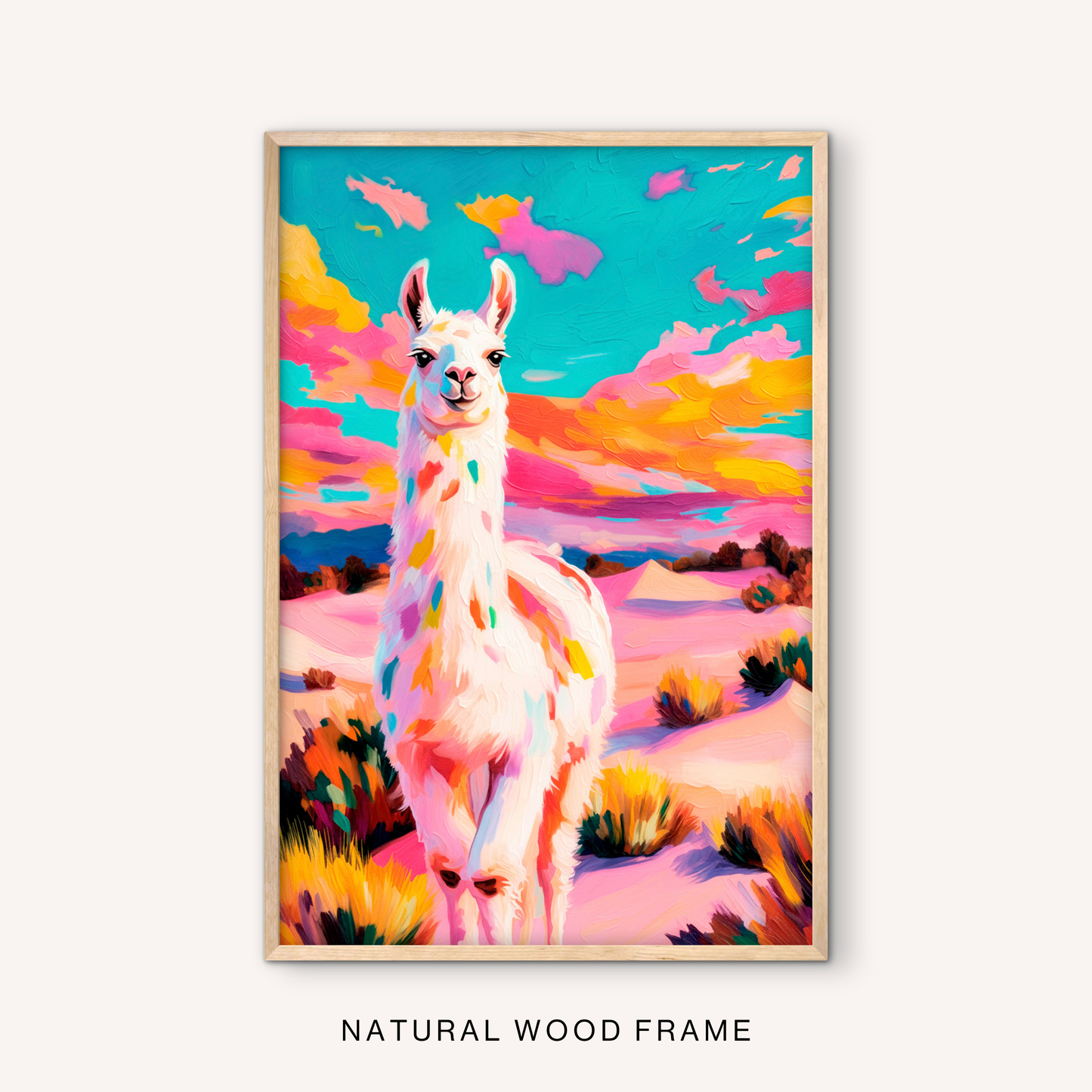 Playful ranch animal wall art in a natural wood frame with a colorful llama, bright desert landscape, pink sky accents, and boho western style.