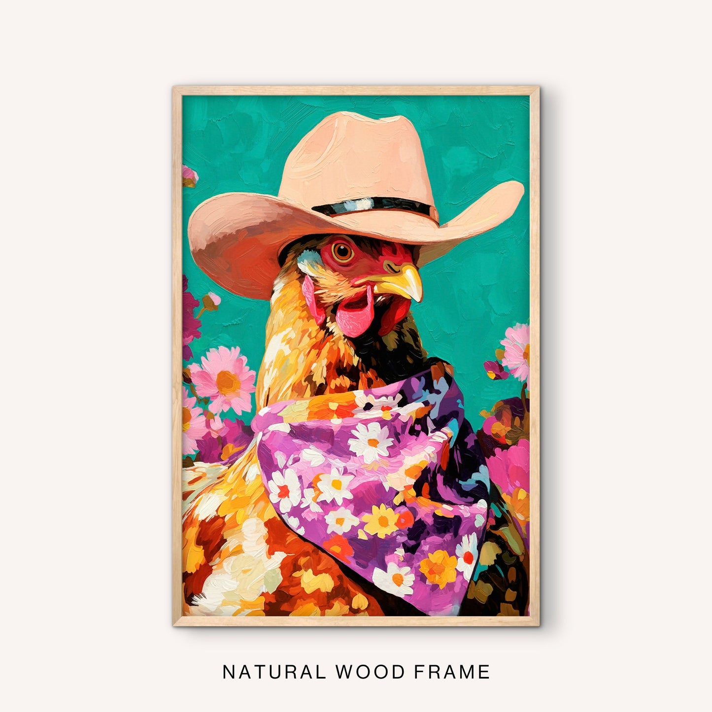Playful ranch wall art in a natural wood frame with a cowboy hen portrait, white western hat, purple floral scarf, and bright farmhouse western colors.