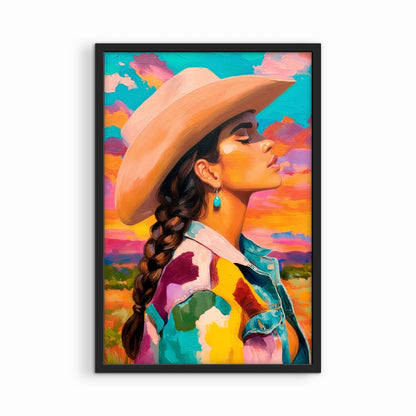 Western cowgirl portrait wall art in black frame on white background, bold colorful desert artwork