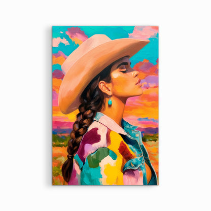 Colorful western cowgirl artwork printed on canvas, product mockup on white background