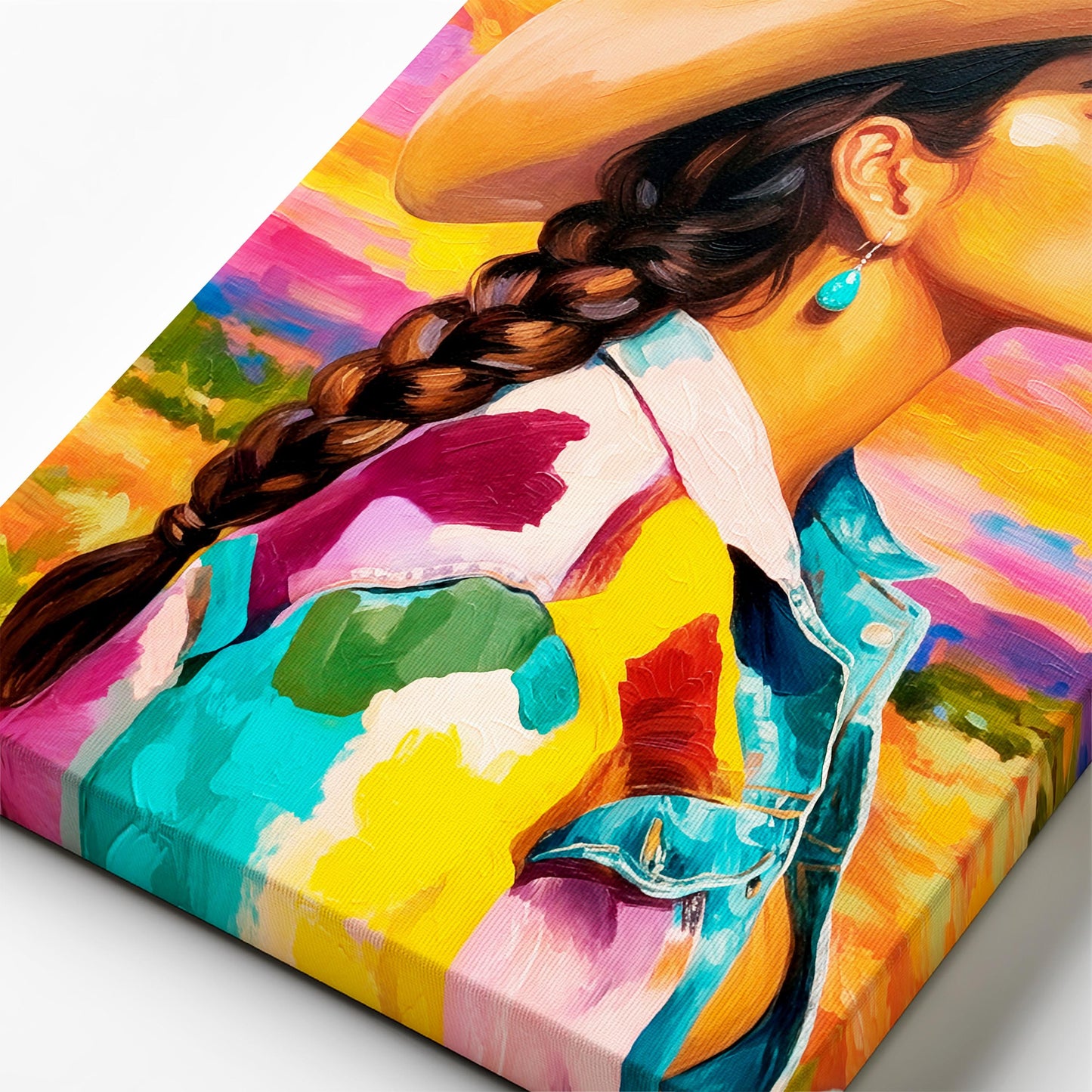Close-up of textured canvas print showing brushstrokes and detail of colorful cowgirl portrait artwork