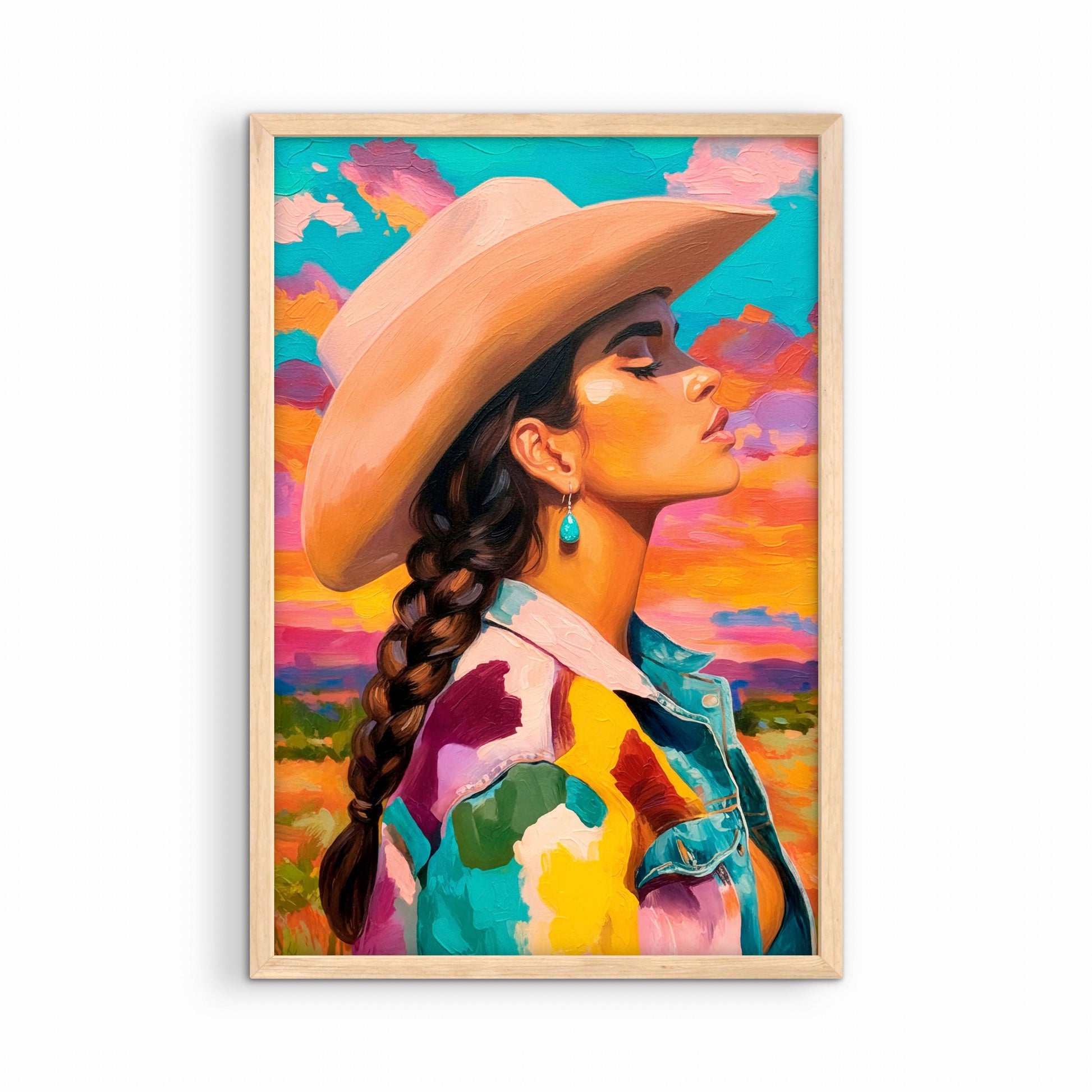 Western cowgirl wall art in natural wood frame on white background, colorful desert-inspired portrait print