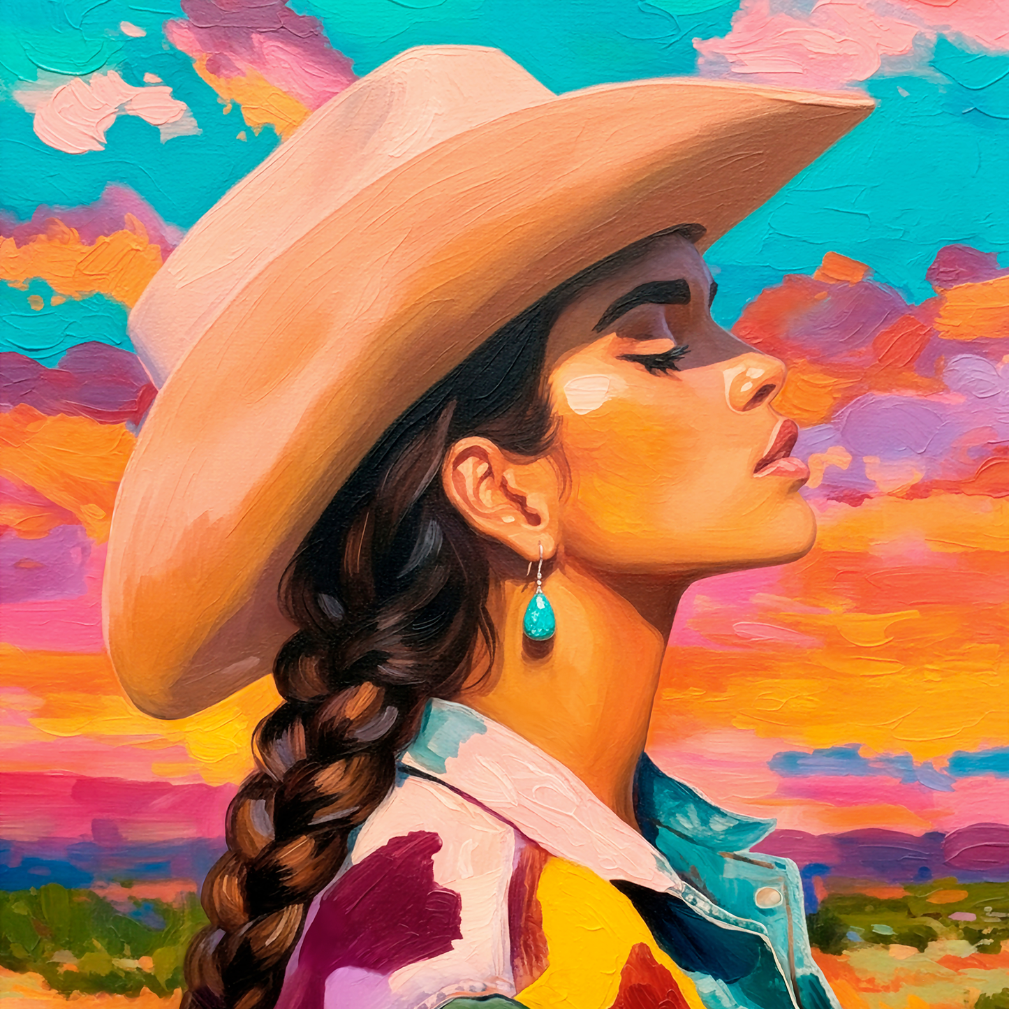 Colorful western cowgirl portrait with braided hair, turquoise earring, and wide-brim hat against a vibrant desert sunset sky, modern impressionist style