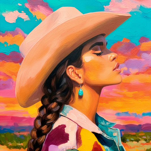 Colorful western cowgirl portrait with braided hair, turquoise earring, and wide-brim hat against a vibrant desert sunset sky, modern impressionist style