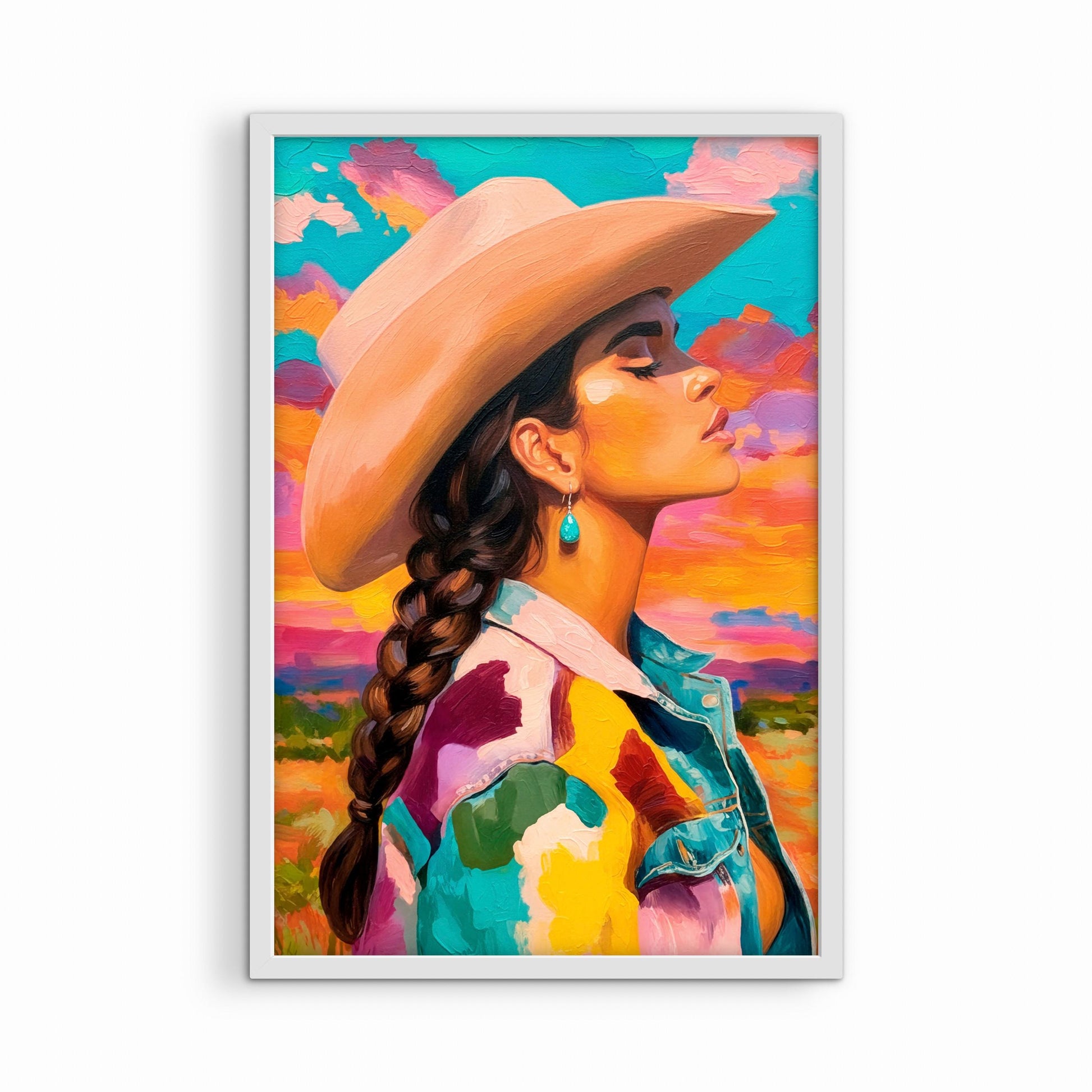 Colorful cowgirl portrait wall art in white frame on white background, modern western decor print