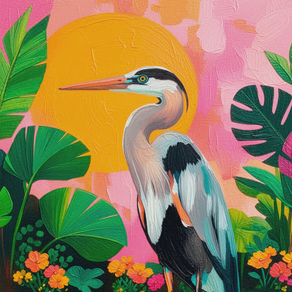 Closeup video of colorful great blue heron wall art featuring a graceful bird standing in turquoise water, surrounded by lush tropical leaves, bright orange flowers, a golden sun, and a textured pink background.