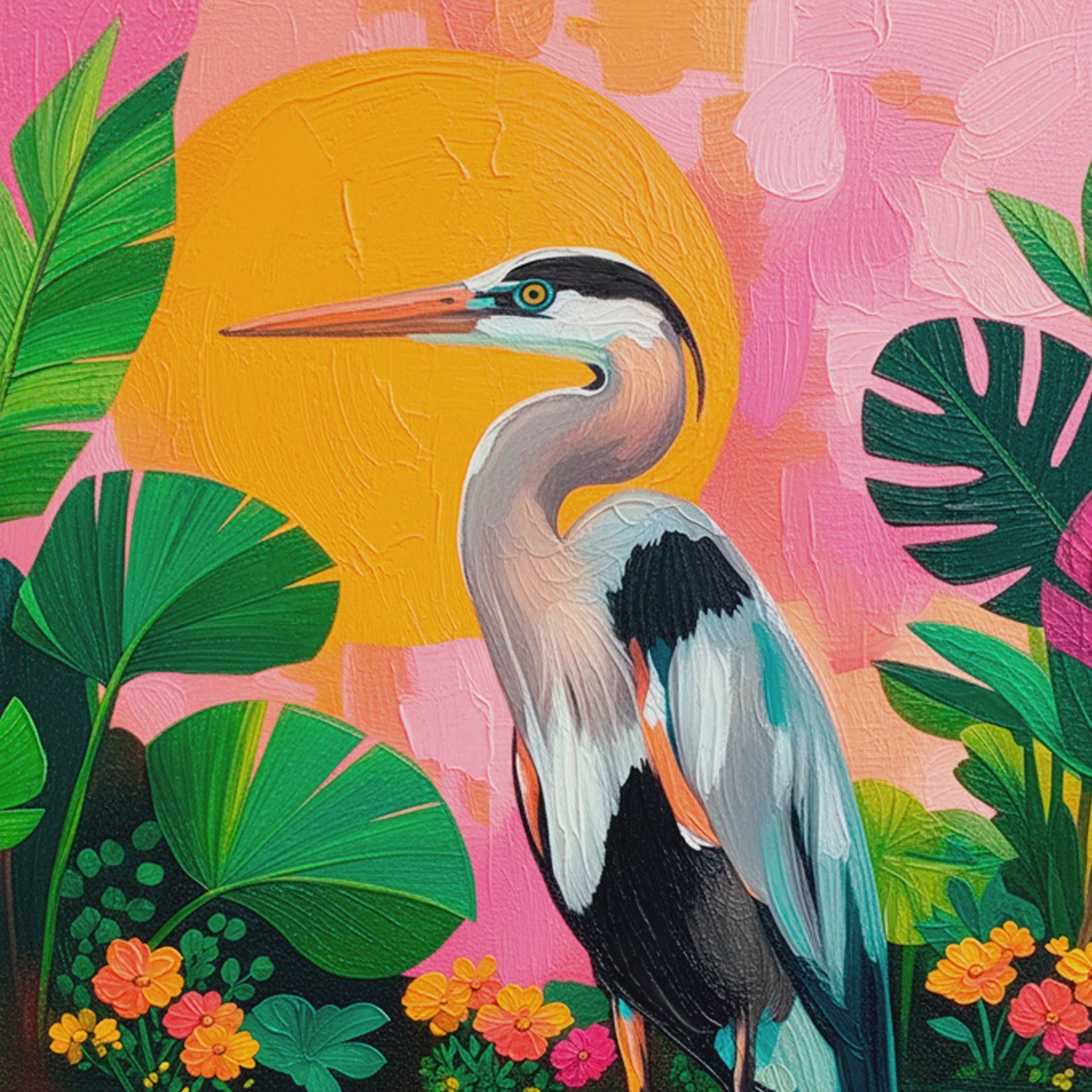 Closeup video of colorful great blue heron wall art featuring a graceful bird standing in turquoise water, surrounded by lush tropical leaves, bright orange flowers, a golden sun, and a textured pink background.