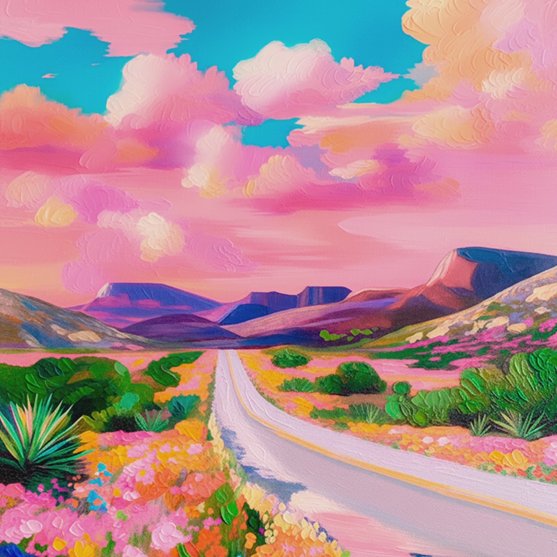 Closeup video of colorful desert road art with vibrant wildflowers, a winding highway, purple mesas, pink sunset clouds, and textured brushwork.
