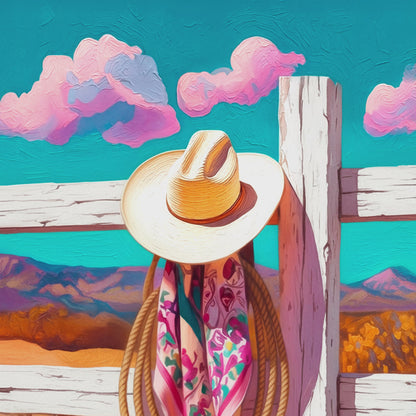 Closeup video of western cowgirl wall art featuring a cream cowboy hat, pink floral bandana, and lasso on a rustic fence.