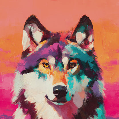 Closeup video of colorful wolf wall art featuring a striking wolf portrait in turquoise, purple, and pink with textured brushwork.