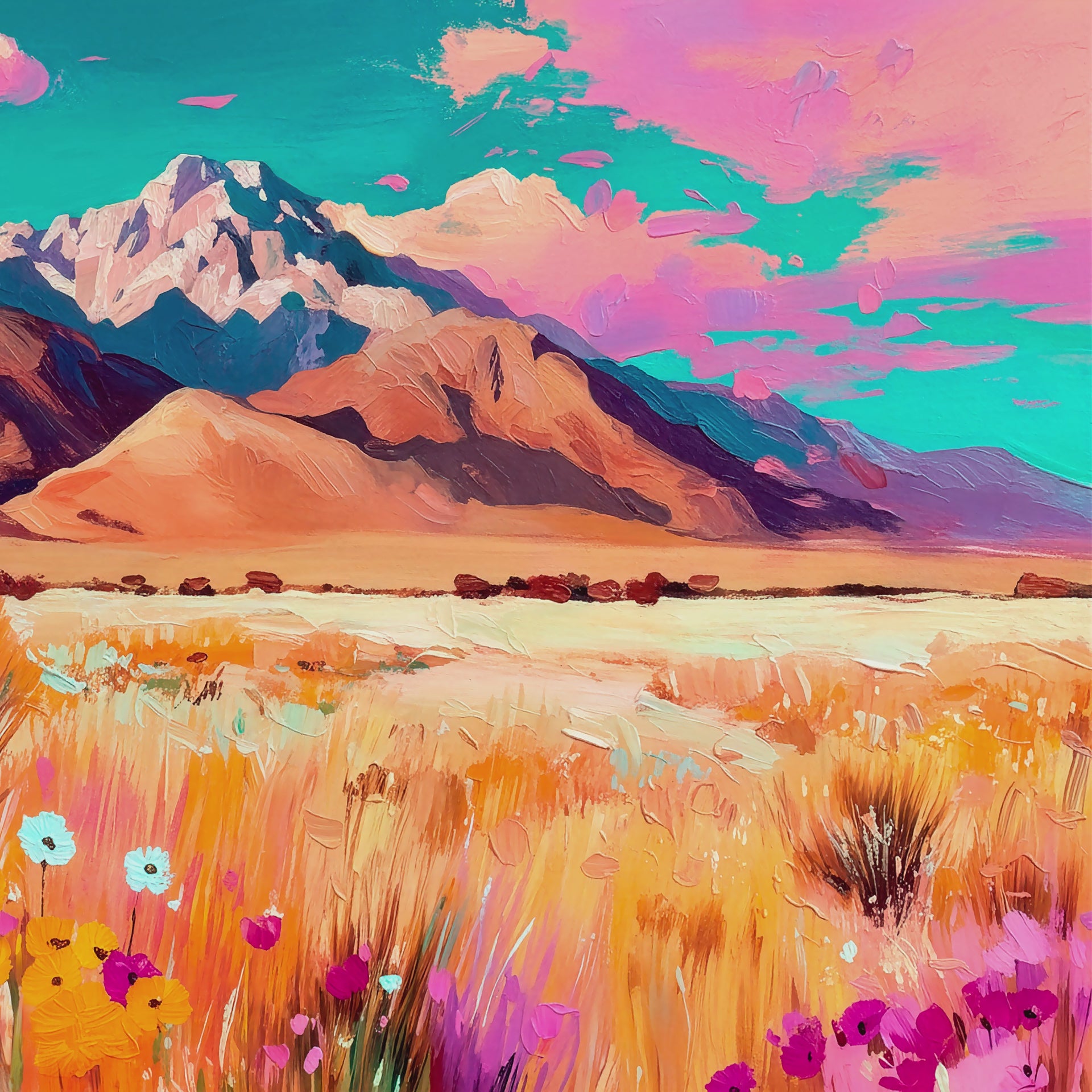 Closeup video of colorful mountain wall art featuring rugged peaks, golden prairie grasses, bright wildflowers, and textured brushwork.