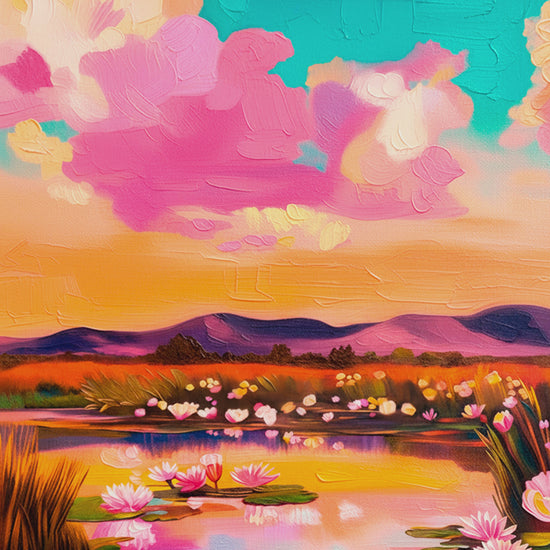 Closeup video of pink water lily wall art featuring blooming lotus-like flowers, a reflective pond, orange sunset, and textured brushwork.