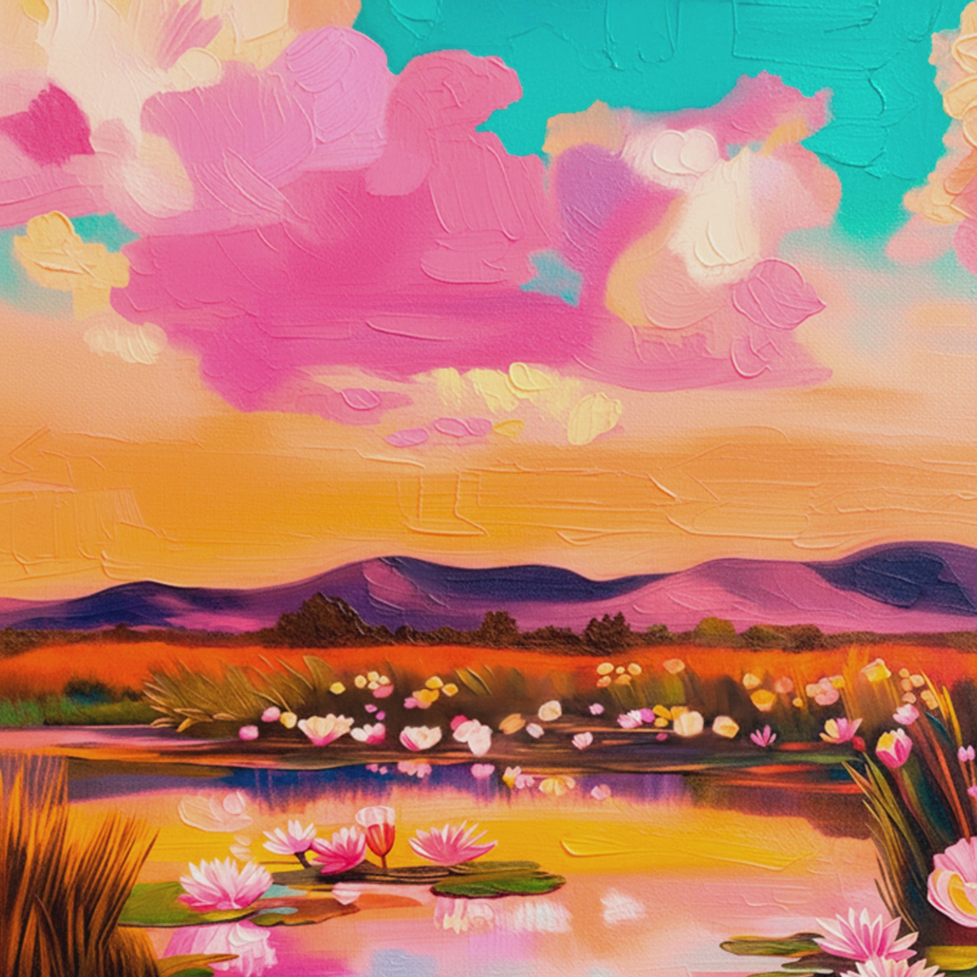 Closeup video of pink water lily wall art featuring blooming lotus-like flowers, a reflective pond, orange sunset, and textured brushwork.