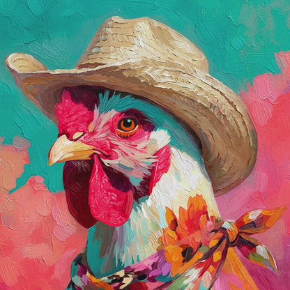 Closeup video of colorful chicken wall art featuring a chicken in a straw cowboy hat and floral bandana against a pink and turquoise background.