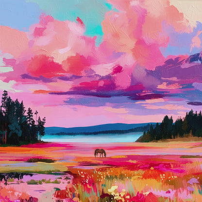 Closeup video of colorful horse landscape art featuring a grazing horse, vibrant wildflower meadow, distant lake, and pink clouds.