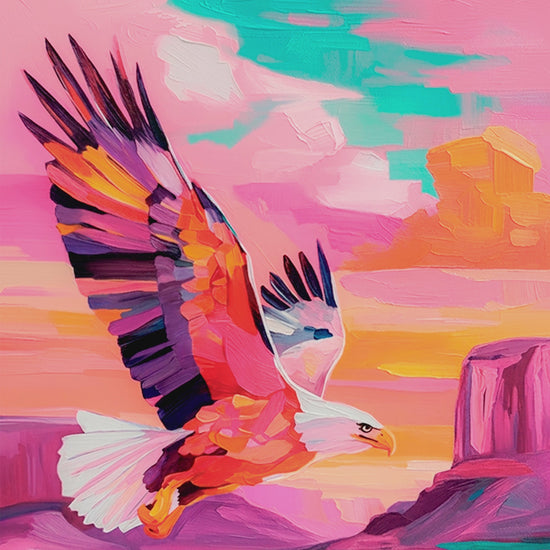 Closeup video of colorful bald eagle wall art featuring a soaring eagle above pink desert mesas at sunset with textured brushwork.