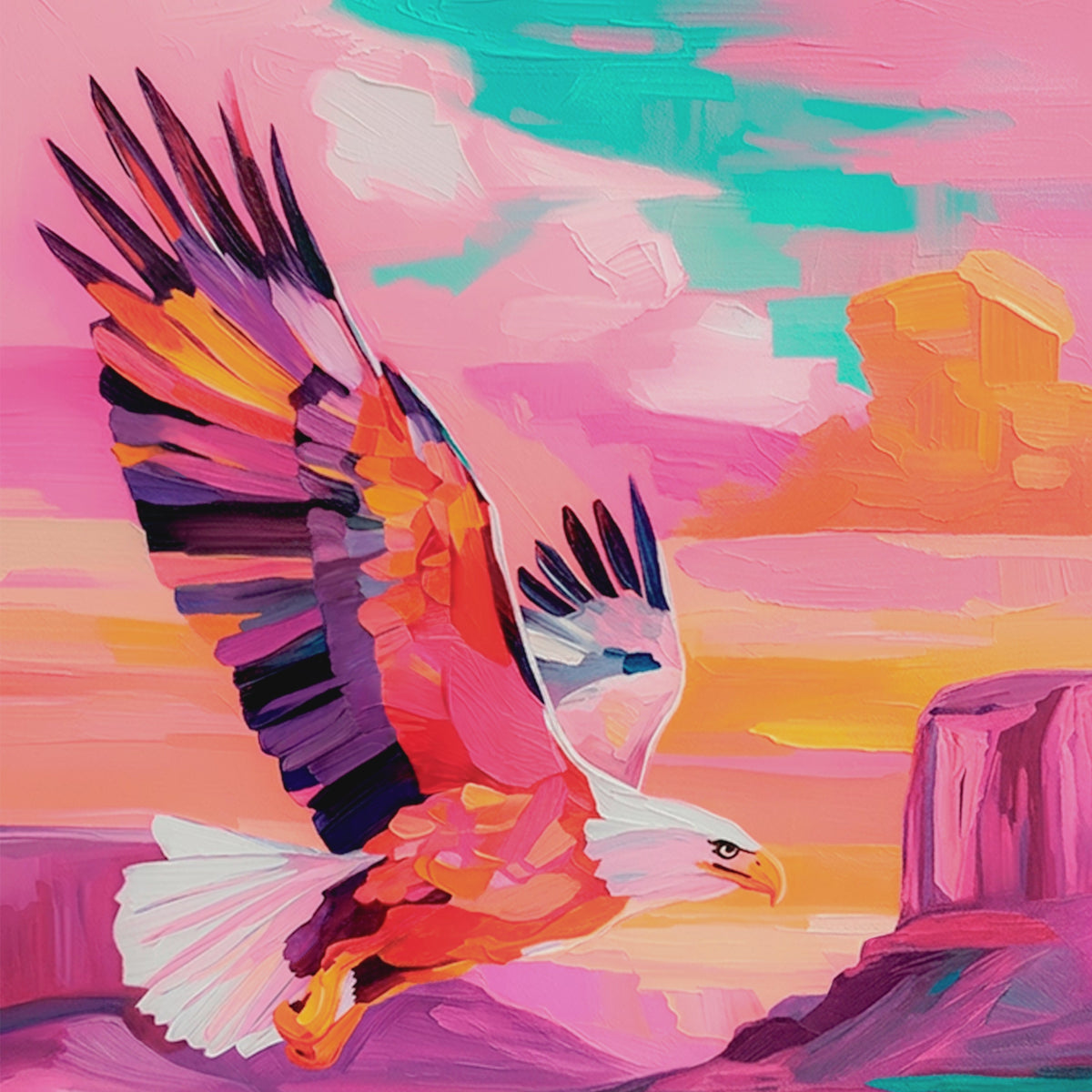 Closeup video of colorful bald eagle wall art featuring a soaring eagle above pink desert mesas at sunset with textured brushwork.