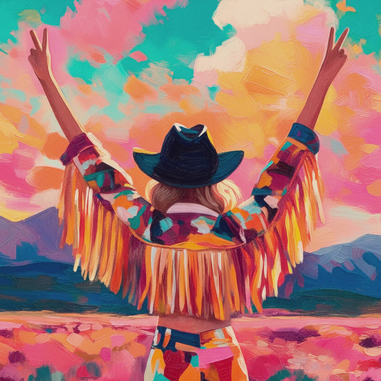 Closeup of colorful cowgirl art featuring a woman in a fringed western jacket and black cowboy hat, raising peace signs at sunset.