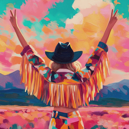 Closeup of colorful cowgirl art featuring a woman in a fringed western jacket and black cowboy hat, raising peace signs at sunset.
