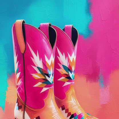 Closeup video of pink cowboy boots wall art featuring colorful geometric western patterns, turquoise and coral accents, and rich painted texture.