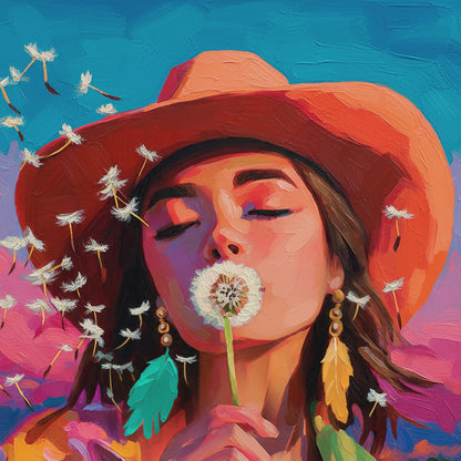 Closeup video of cowgirl wall art featuring a woman blowing dandelion seeds, an orange cowboy hat, colorful feather earrings, and textured brushwork.