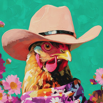 Closeup video of colorful chicken wall art featuring a rooster in a cream cowboy hat and floral bandana with pink daisies.