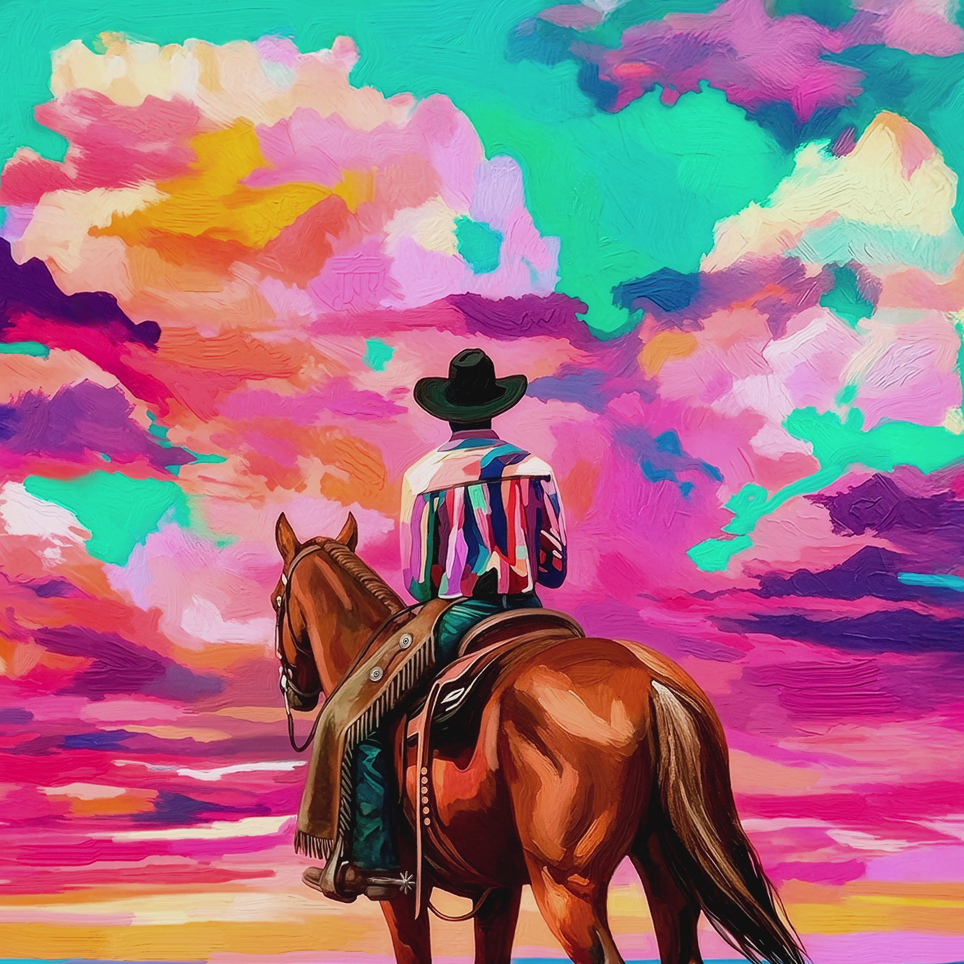 Closeup video of cowboy wall art featuring a western rider on horseback overlooking a vibrant pink sunset with textured clouds.