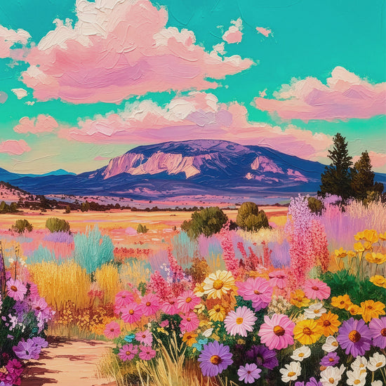 Closeup video of colorful mountain meadow wall art with pink and purple wildflowers, golden grasses, distant mountains, and textured clouds.