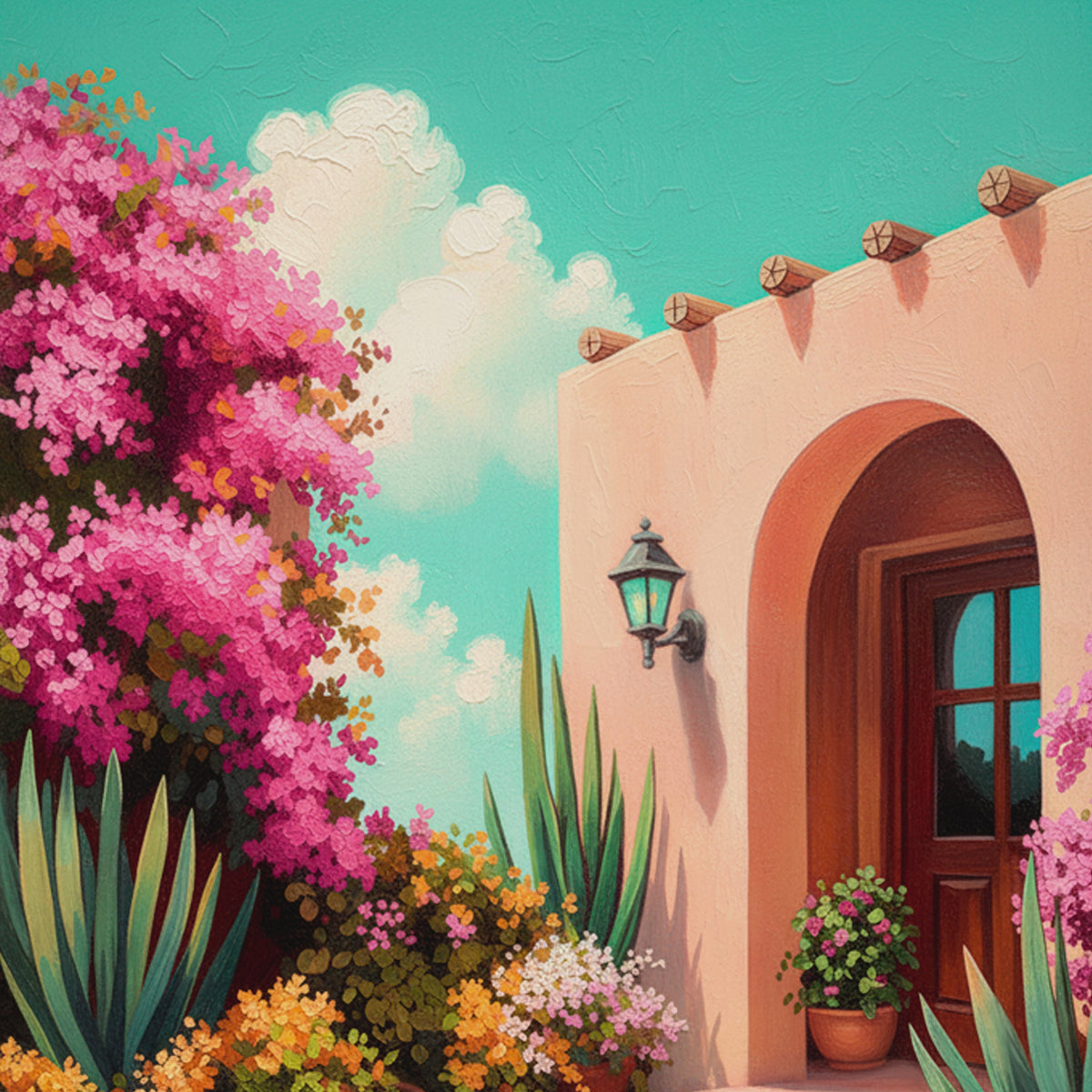 Closeup video of colorful southwestern adobe wall art featuring a peach stucco home with an arched doorway, vibrant pink bougainvillea, terracotta flower pots, desert succulents, turquoise sky, and rich painted texture.