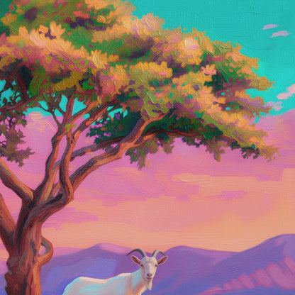 Closeup of colorful goat wall art featuring a white goat on a rocky hillside beneath a tree, with pink sunset skies, purple mountains, and textured brushwork.