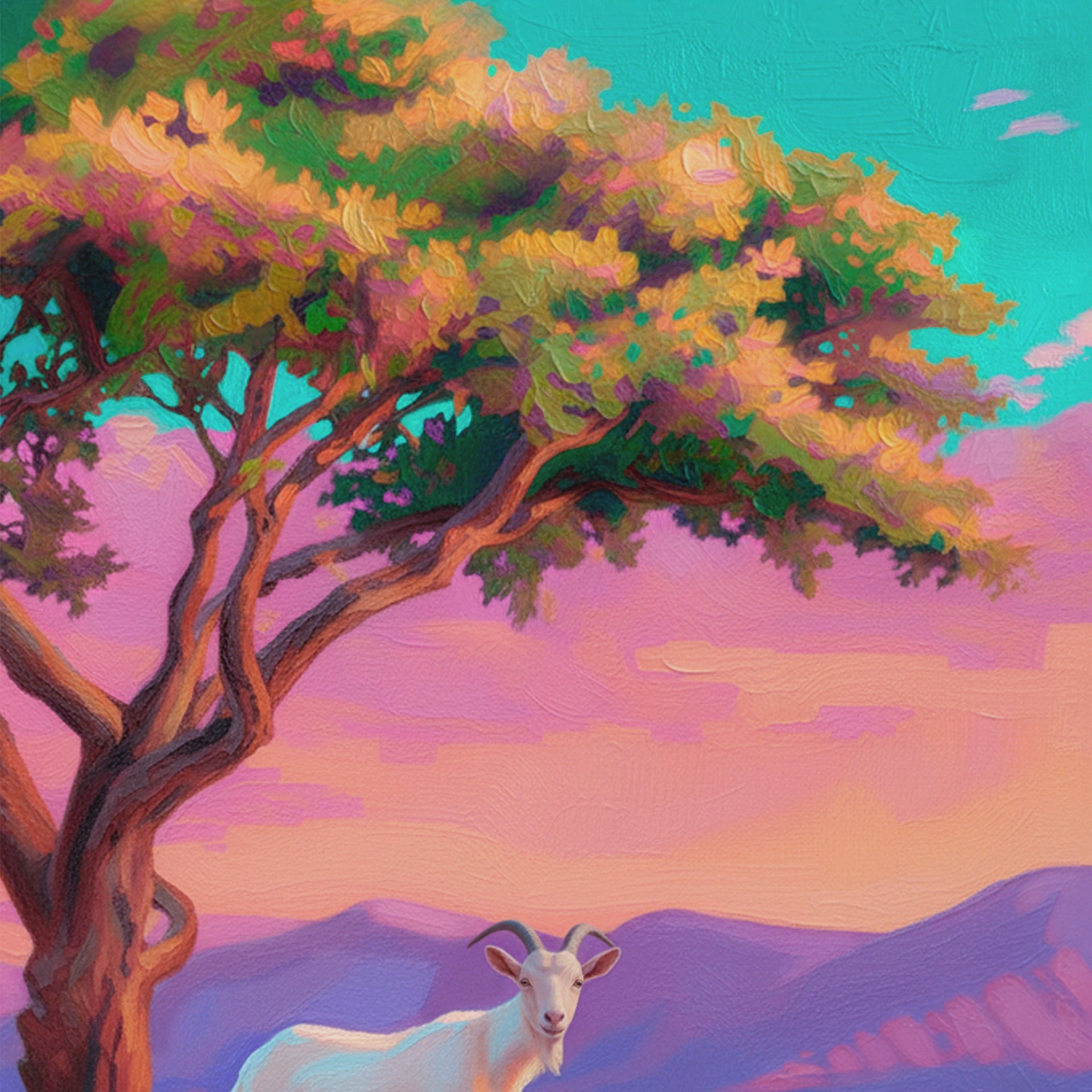 Closeup of colorful goat wall art featuring a white goat on a rocky hillside beneath a tree, with pink sunset skies, purple mountains, and textured brushwork.