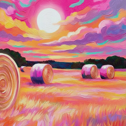 Closeup video of colorful hay bale wall art featuring round hay bales in golden fields beneath a vibrant pink and orange sunset sky.