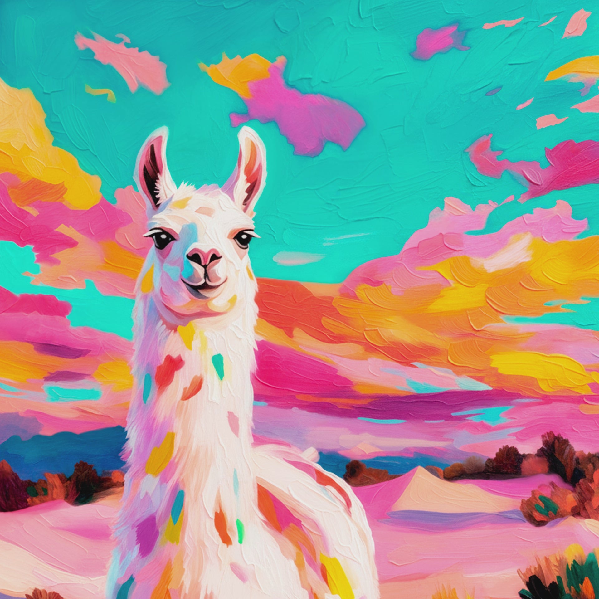 Closeup video of colorful llama wall art featuring a white llama with pastel markings, pink desert hills, vibrant sunset clouds, and textured brushwork.