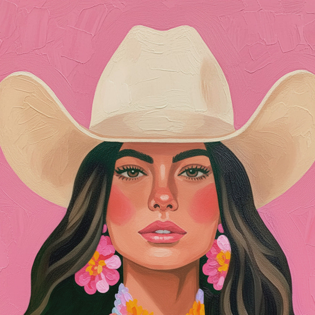 Closeup video of colorful western cowgirl artwork highlighting textured brushwork, retro floral details, a cream cowboy hat, and bright pink tones.