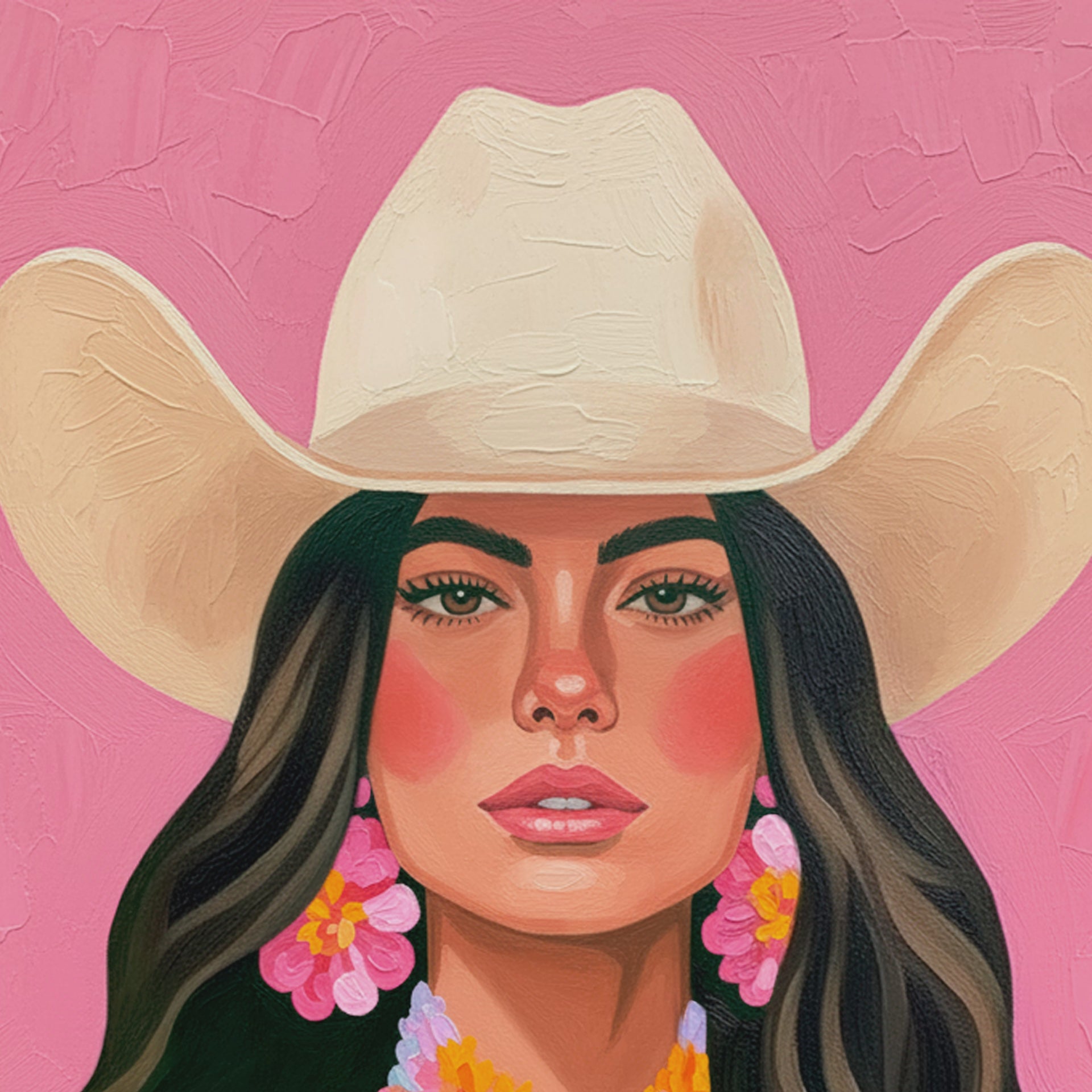 Closeup video of colorful western cowgirl artwork highlighting textured brushwork, retro floral details, a cream cowboy hat, and bright pink tones.