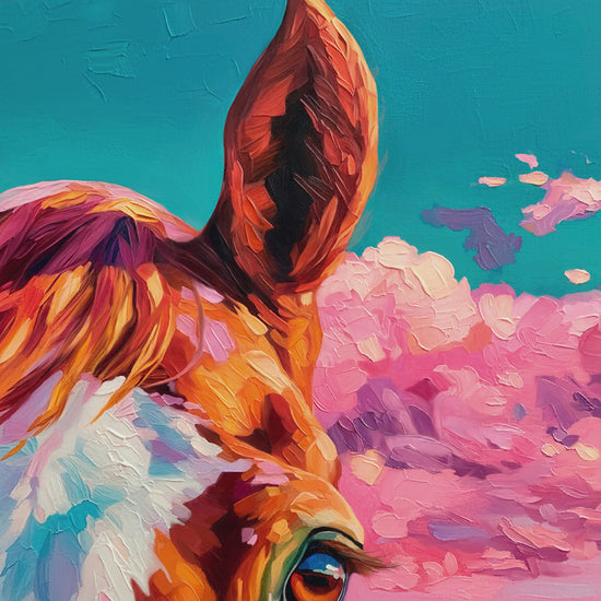 Closeup video of colorful horse wall art featuring an expressive eye, golden coat, pink desert clouds, and rich brushstroke texture.