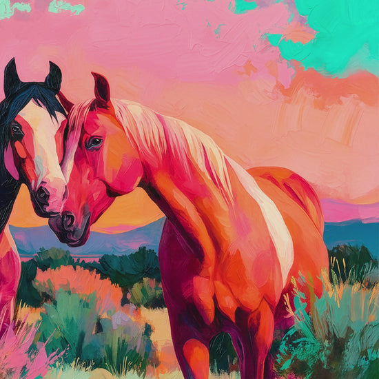 Closeup video of colorful western horse wall art featuring two horses together against a pink sunset, with vibrant brushwork and desert scenery.