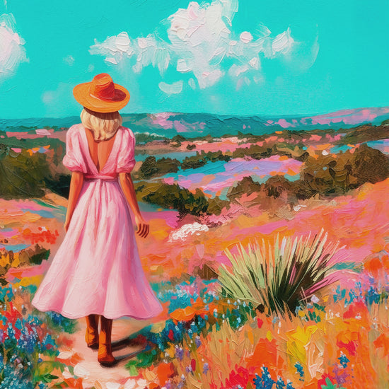Closeup video of Texas bluebonnet wall art featuring a woman in a pink dress and cowboy hat walking through colorful wildflowers.