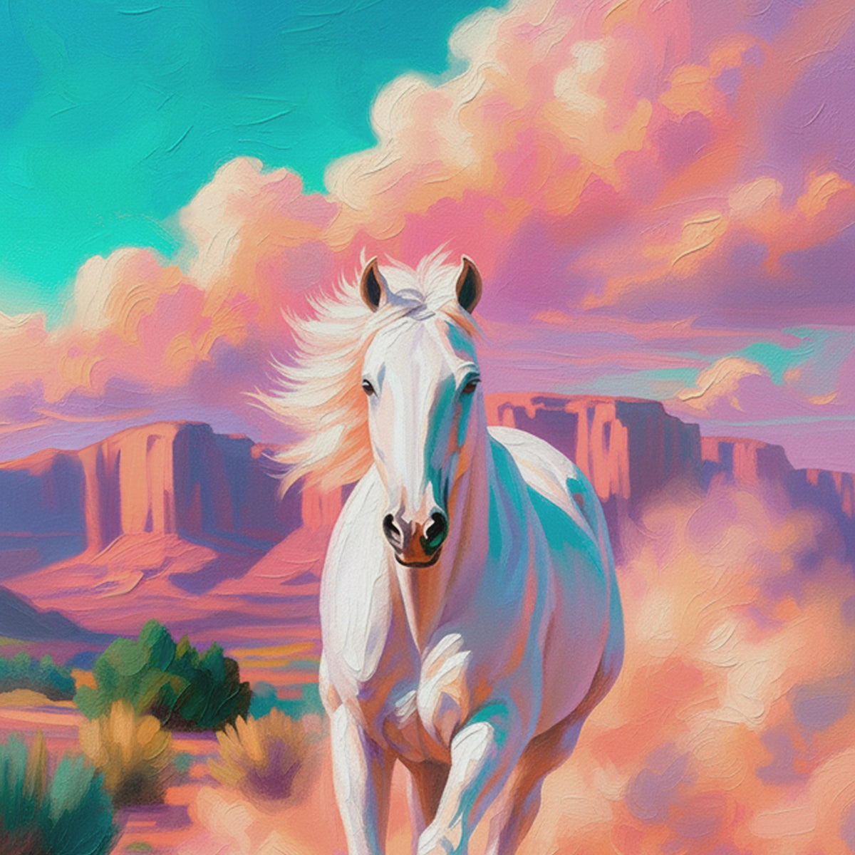 Closeup video of white horse wall art featuring a galloping horse, pink desert dust, turquoise highlights, colorful canyon mesas, and textured brushwork.