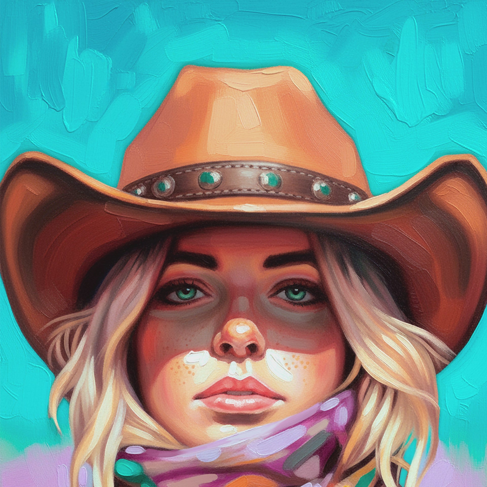 Closeup video of blonde cowgirl wall art featuring a tan cowboy hat, colorful patterned scarf, turquoise eyes, and textured brushwork.
