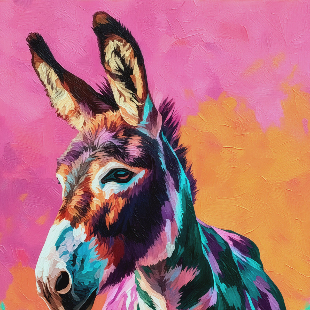 Closeup video of colorful burro wall art featuring a donkey portrait in turquoise, purple, and coral against a textured pink sunset.