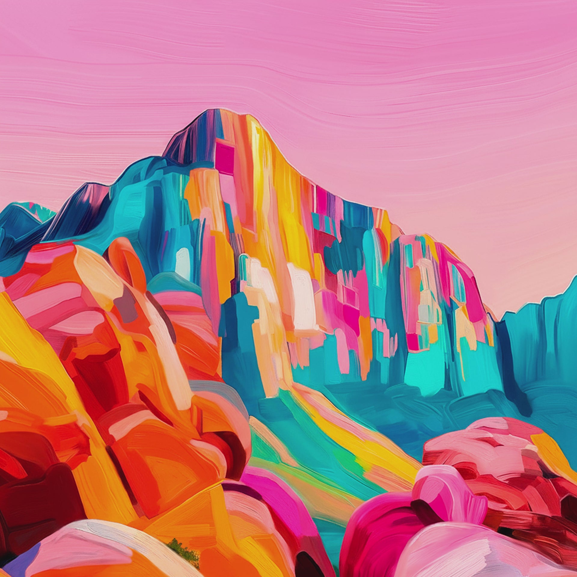 Closeup video of colorful desert wall art featuring vibrant pink and orange rock formations, turquoise cliffs, and textured brushwork.