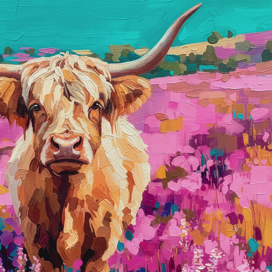 Closeup video of Highland cow wall art featuring a shaggy golden cow with long horns, pink wildflowers, and textured brushwork.