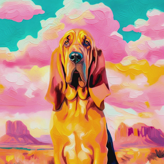 Closeup video of colorful bloodhound wall art featuring a golden dog, pink desert mesas, turquoise sky, and textured brushwork.