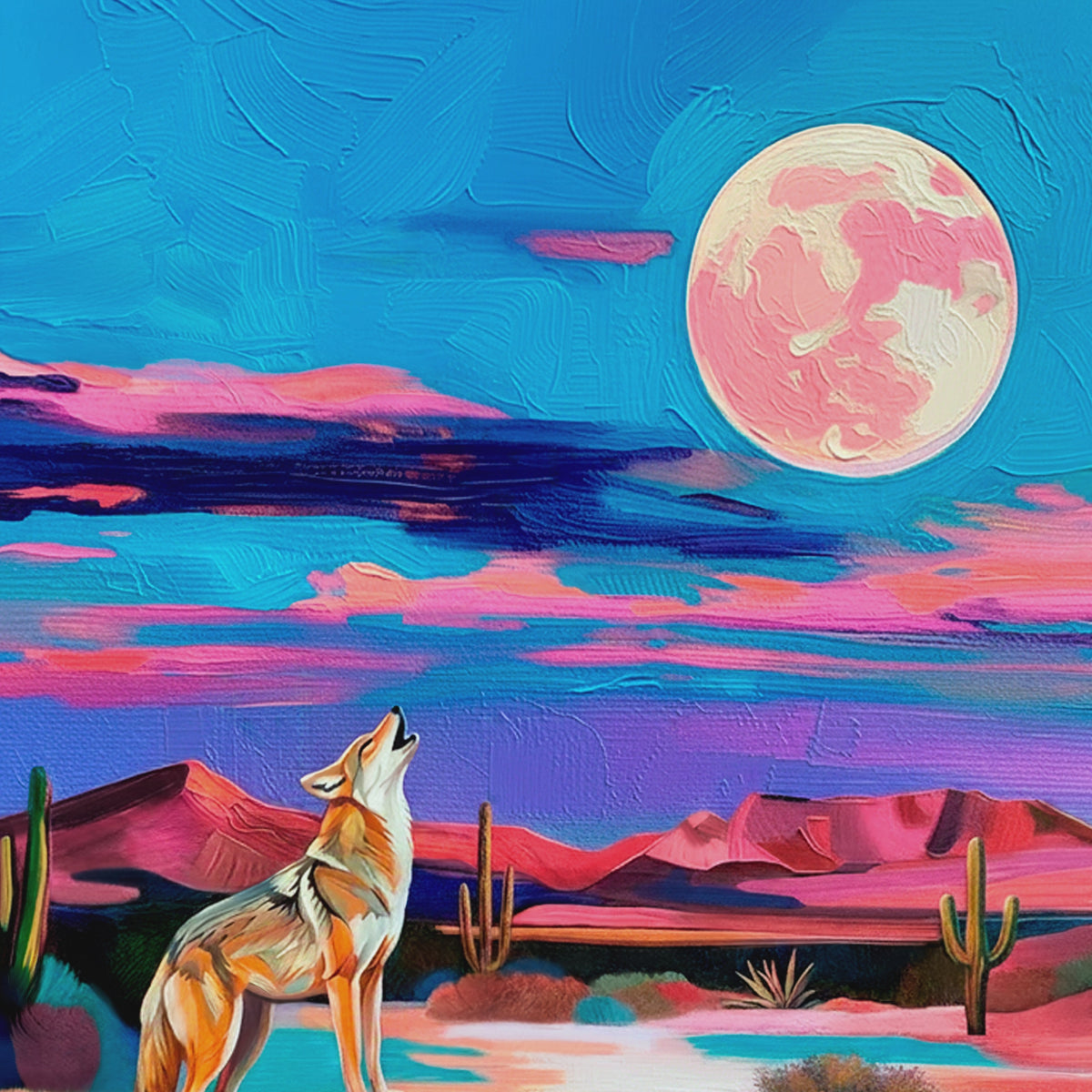 Closeup video of colorful coyote wall art featuring a howling coyote, pink full moon, desert cacti, and textured blue night sky.