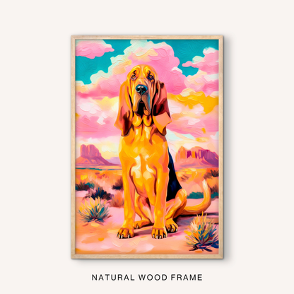 Ranch dog wall art in a natural wood frame with a colorful bloodhound portrait, pink desert landscape, turquoise sky, and western animal style.