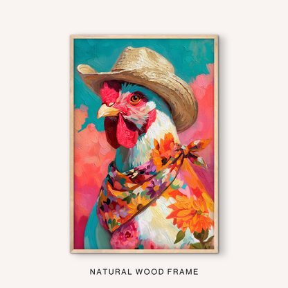 Ranch farmhouse wall art in a natural wood frame with a western rooster portrait, cowboy hat, bright floral scarf, and colorful country decor.