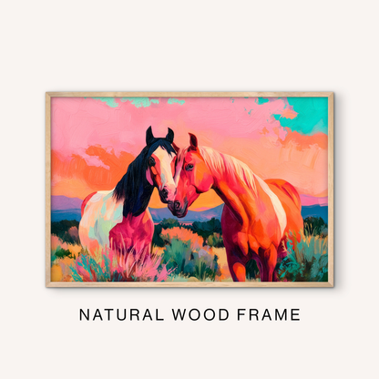 Ranch horse wall art in a natural wood frame with two colorful horses, desert brush, pink western sky, and southwest mountain landscape.