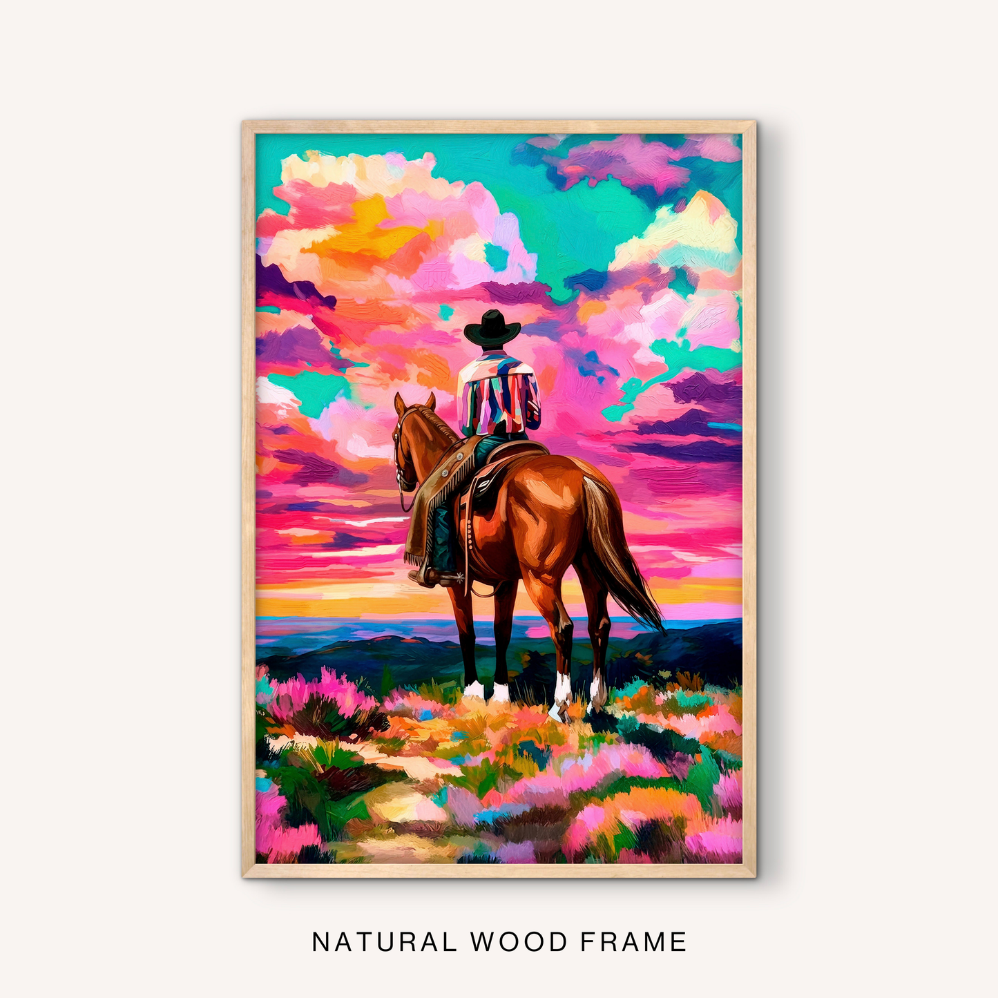 Ranch horse wall art in a natural wood frame with a western rider on horseback, colorful sunset sky, wildflowers, and mountain trail scenery.
